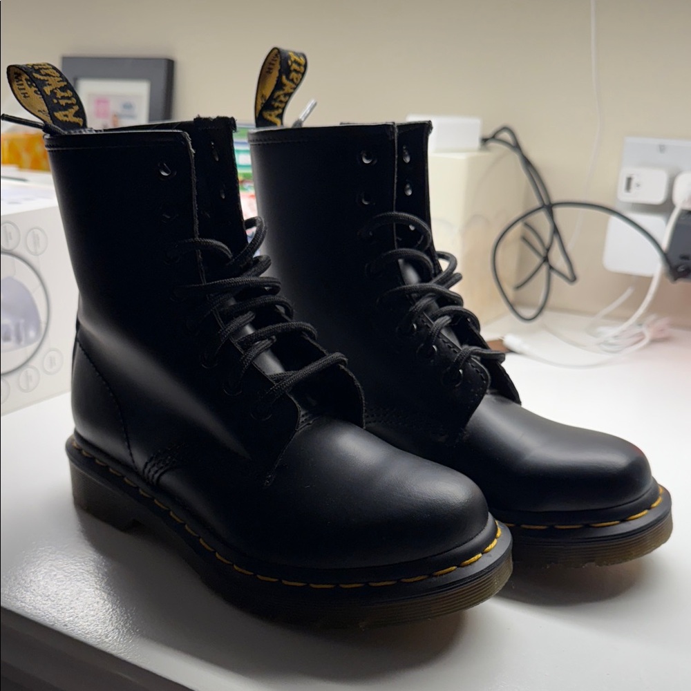Dr. Martens Black Leather Boots with Yellow Stitching